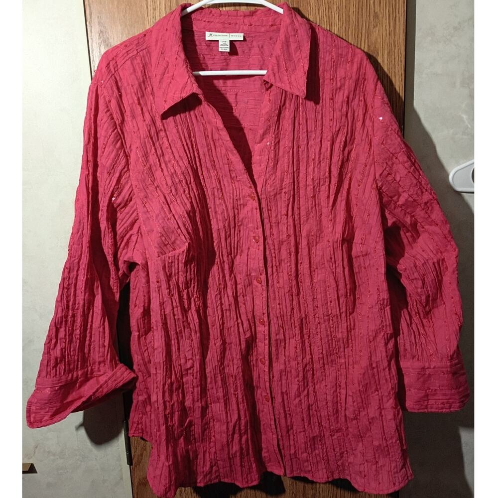 JM Collection Sequin Crinkle Top 24W Berry Red Textured Dressy Blouse Curvy
